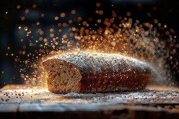 Warm lights illuminate flour particles falling on a freshly sliced loaf of bread placed on a rustic table