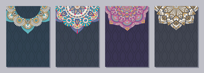 Set of four color cards or flyers with ethnic mandala ornament. Abstract mandala flyer design. Decorative colorful pattern with ornate texture, tribal ethnic oriental motif. Vector layout design. - 789078415
