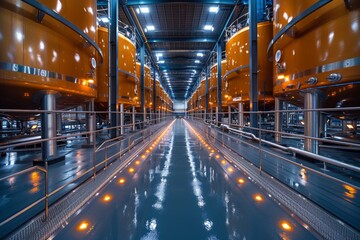 This image captures the futuristic interior of a modern brewery with reflective metallic yellow fermentation tanks and clean lines