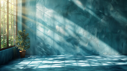 Blue wall with sunlight shining through the window,serene and tranquil atmosphere,copy space.