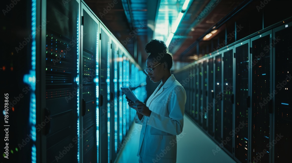 Aufkleber An online technical expert is actively exploring new methods of programming and data analysis to improve the effectiveness of data security measures in cloud storage. Female IT worker in a data center