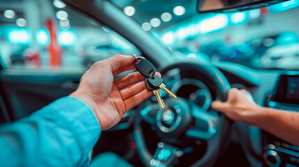 Hand holding car keys inside a vehicle, focus on the decision moment of purchasing or renting a car. Car test drive. Breakdown and repair of transportation. Banner. Copy space