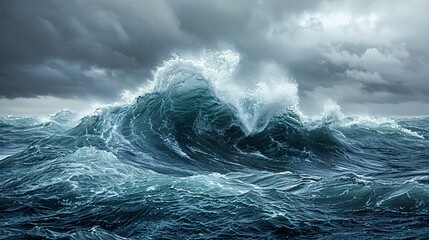 Create a stunning image of a massive wave crashing in choppy waters under a cloudy sky, stirred up...