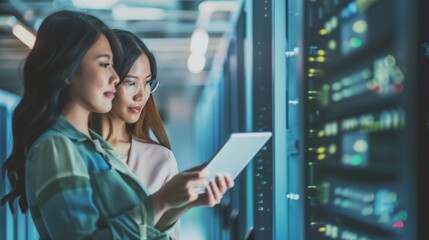 Two young female specialists analyze data on a tablet in a quiet server room, working carefully on a large amount of information, collaborating together as a team