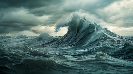 Create a stunning image of a massive wave crashing in choppy waters under a cloudy sky, stirred up...