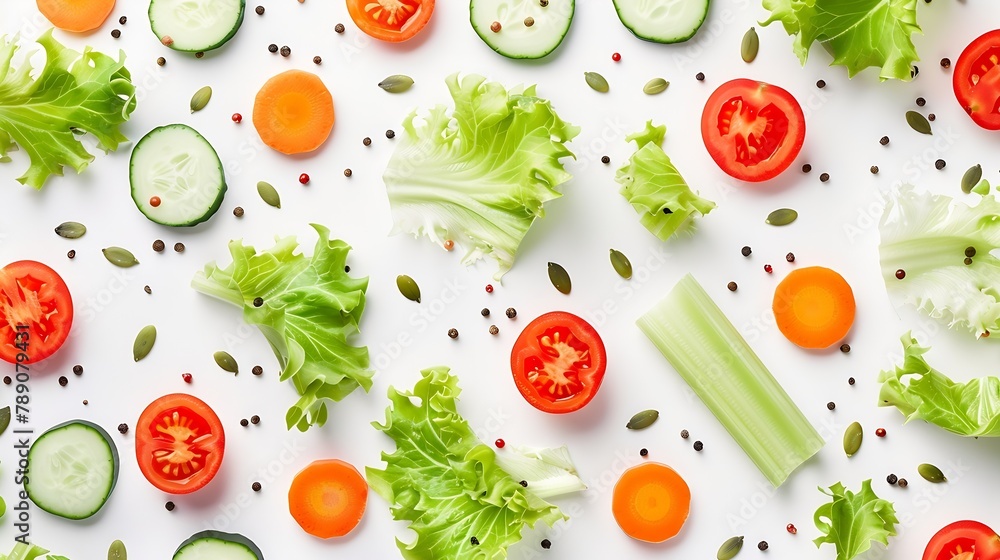 Aufkleber Eating pattern with raw ingredients of salad lettuce leaves cucumbers red tomatoes carrots celery and seeds on white background : Generative AI
