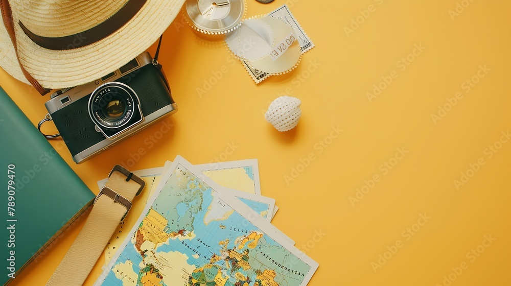 Poster top view travel concept with retro camera films map and passport on light orange background with cop