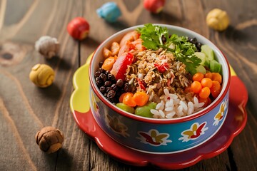 A homemade puppy meal, featuring a variety of nutritious ingredients. A colorful bowl filled with a mix of rice, vegetables, and lean protein sits on a wooden table.