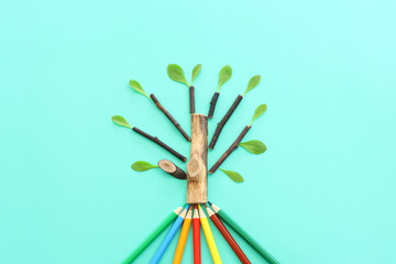 Top view image of pencil and tree concept. idea of education, creativity, and growth