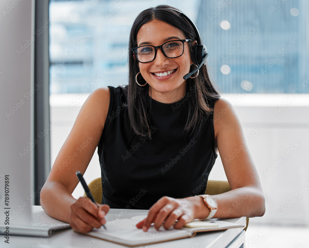 Poster Call center, writing notes and woman agent in office for online consultation with headset. Technology, receptionist and portrait of telemarketing consultant or secretary with communication and book.