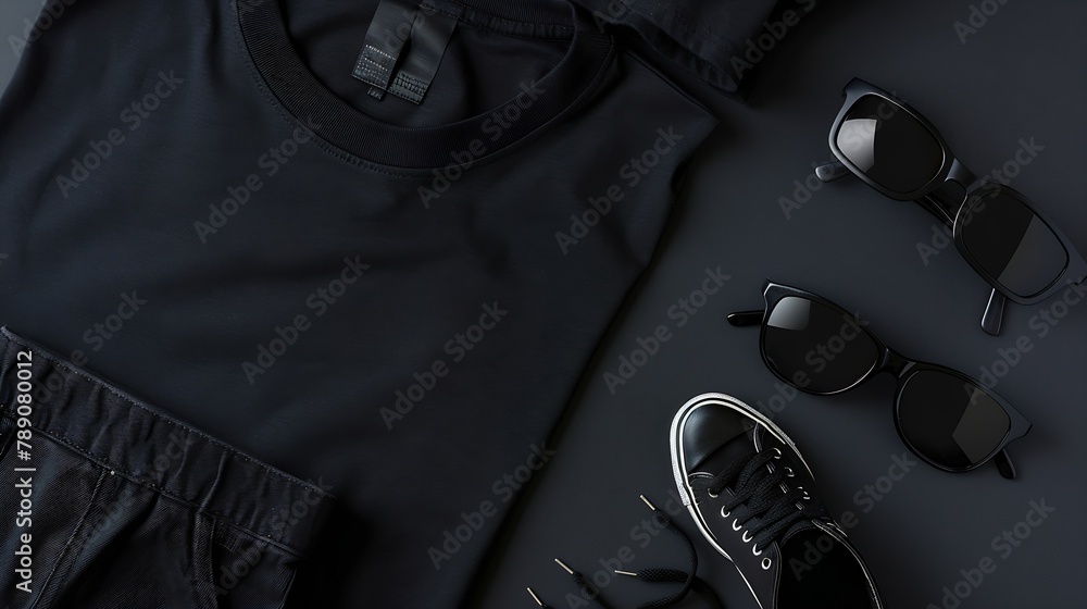 Wall mural Black mens cotton Tshirt mockup with black watch jeans sneakers and sunglasses Design t shirt template tee print presentation mock up : Generative AI