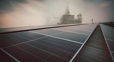 Solar cell roof panel with white smoke oil and gas refinery factory background showing solar cell...
