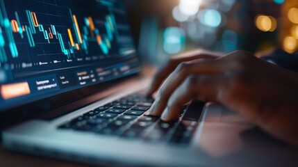 A person is typing on a laptop with a stock market graph on the screen