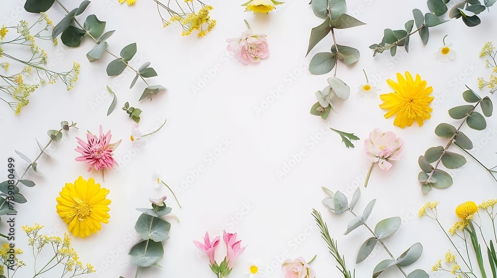 Poster flowers composition round frame made of yellow and pink flowers eucalyptus branches on white backgro