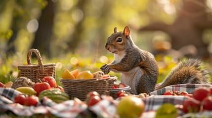 A squirrel is sitting on a blanket with a basket of fruit in front of it