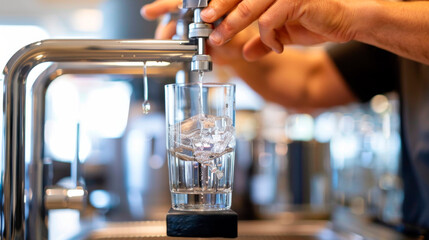 A hand dispensing water from a modern faucet into a clear glass, reflecting a moment of domestic simplicity and the importance of clean drinking water. Banner. Copy space