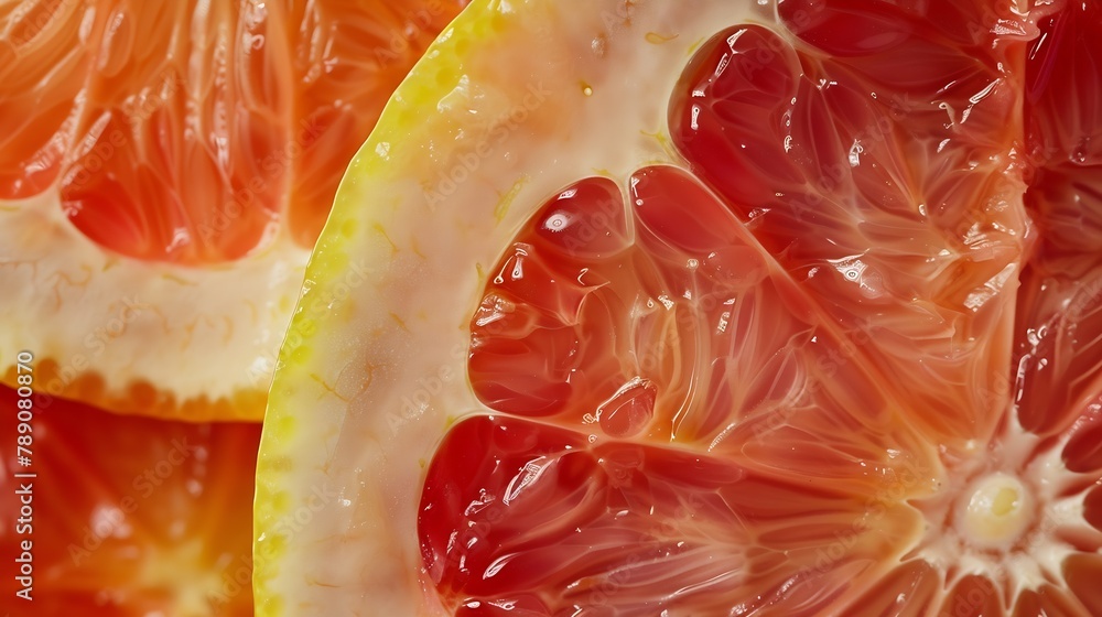 Poster Close up of sliced ripe grapefruit macro Red fresh grapefruit surface background or texture Top view : Generative AI