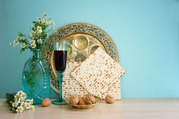 Pesah celebration concept (jewish Passover holiday). Translation of Traditional pesakh plate text: Passover, shankbone, bitter hearb, sweet date - 789080855