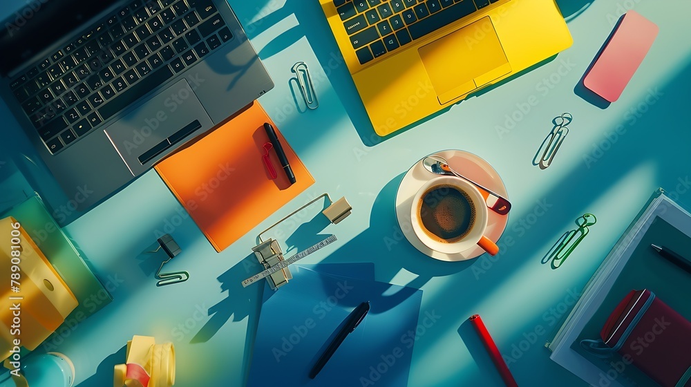 Poster office desk workspace with laptop coffee cup colorful clips and accessories flat lay top view : gene