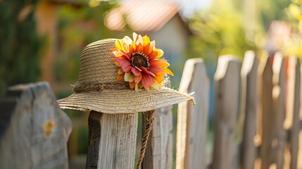 Old straw hat with an artificial flower hangs on a wooden fence on the street at the ethnographic village of Holloko in Hungary Europe close up : Generative AI - Powered by Adobe