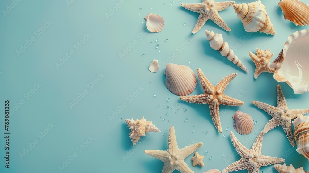 Poster summer time concept flat lay composition with beautiful starfish and sea shells on colored table top