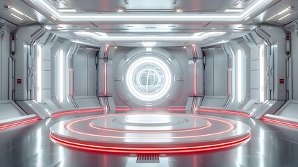 A simple, high-end futuristic sci-fi style design is present. In the middle stands a circular display stage adorned with technological elements and white light effects, surrounded by geometric shapes 