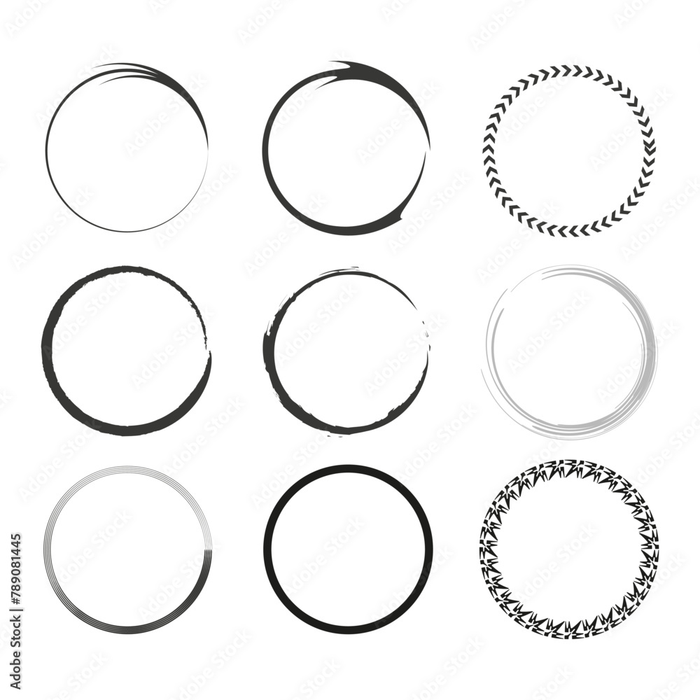 Poster collection of circular brush strokes and patterns. set of artistic round frames. abstract circle bor