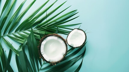 Obraz na płótnie Canvas Coconut with tropical palm leaf on blue background Flat lay top view SPA natural organic cosmetic moisturizer for hand or body : Generative AI