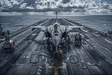 Maintenance crew at work on fighter jet on aircraft carrier