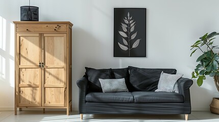 Wooden cupboard standing next to black sofa with cushions and botanical poster on the wall in a living room interior : Generative AI