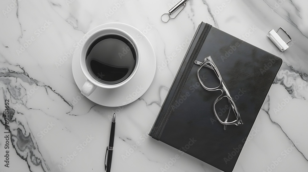 Poster business desk composition notebook pen glasses paperclip hot coffee on marble table modern workspace