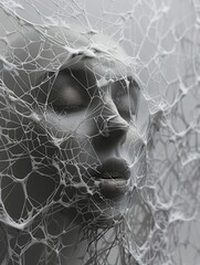 A spider web glistens against a grey backdrop, its strands forming intricate patterns around a floating face, mysterious and alluring, 