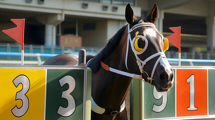 A glossy black contender racehorse awaits at the starting gate, its bright yellow goggles capturing the sunlight. 