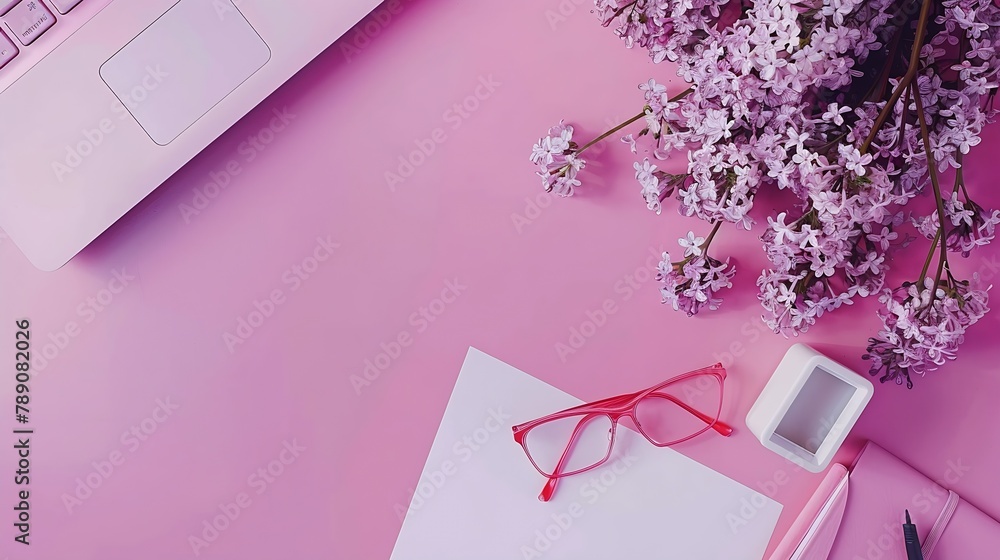 Poster top view office desk workspace with computer paper blank bouquet lilac womens fashion accessories is