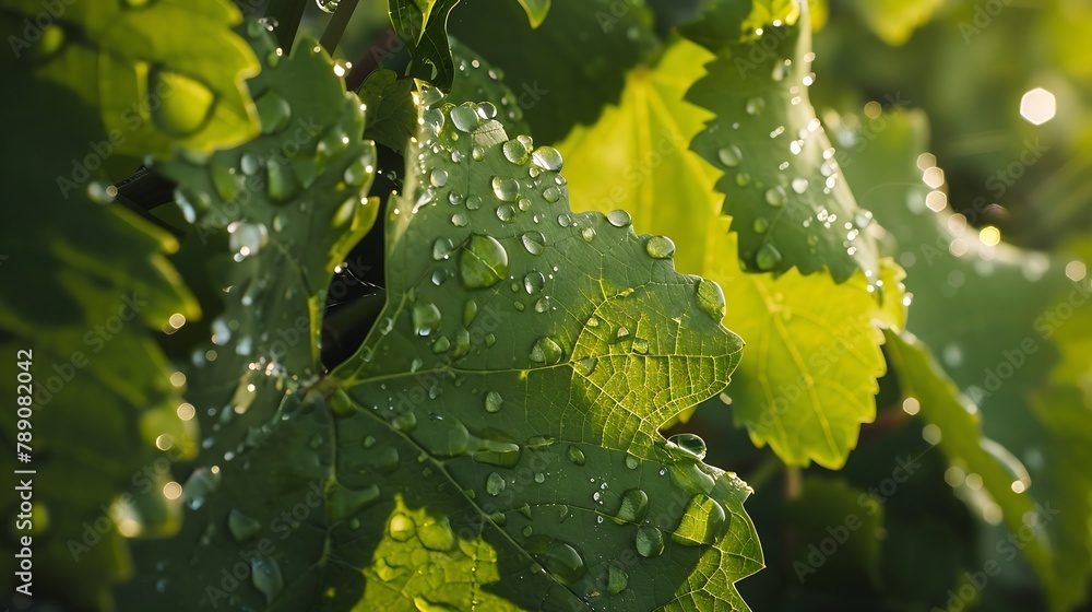 Poster closeup of raindrops on grape leaves : generative ai