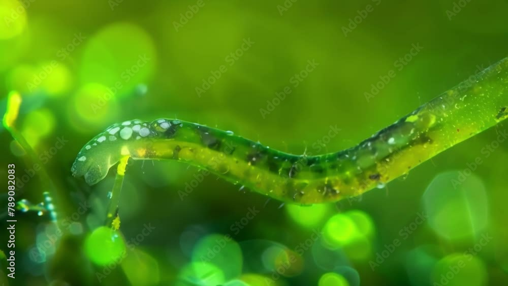 Poster a closeup image of a transparent nematode with a long pointed tail wriggling a algae and other micro