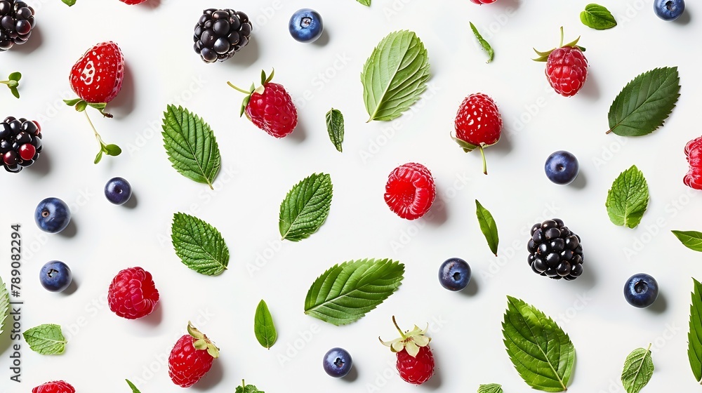 Poster fruit pattern made of fresh berries and green leaves on white background flat lay top view : generat