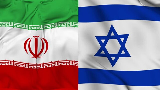 Iran and Israel Flags Together Seamless Looping Background, Looped Bump Texture Cloth Waving Slow Motion, 3D Rendering
