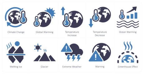 Fotobehang A set of 10 climate change icons as climate change, global warming, temperature increase © popcornarts