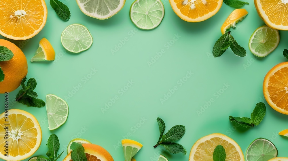 Poster Top view of citrus slices and mint herbs frame on retro mint pastel background with copyspace Minimal fruit concept design : Generative AI