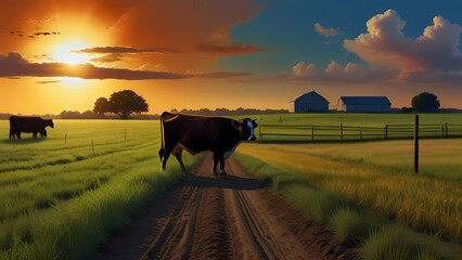 Modern farmland, cow stand among green gardens. Agricultural landscapes that include pastures, cornfields, Cottage and cattle ranches, digital painting - obrazy, fototapety, plakaty