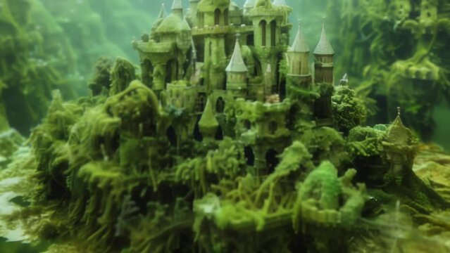 A microscopic image of a majestic miniature castle made of green algae surrounded by a bustling community of tiny creatures giving . AI generation.
