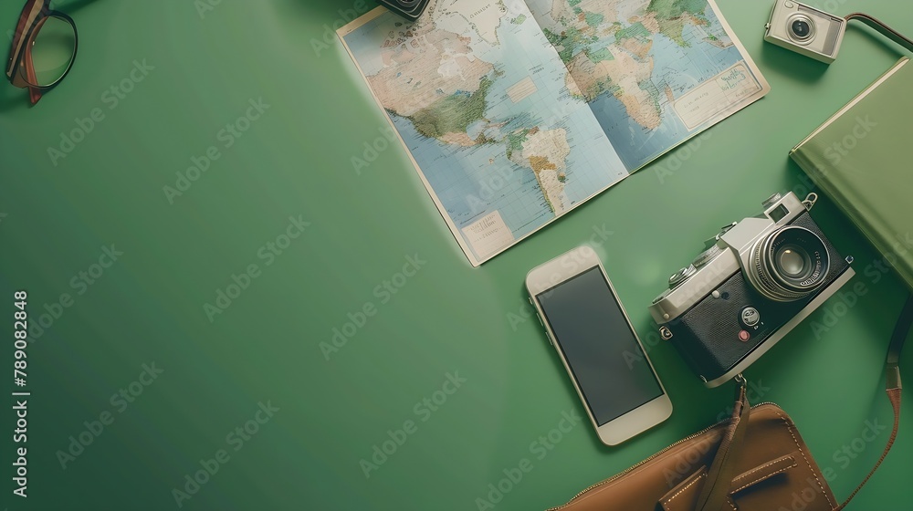 Poster top view travel concept with retro camera films map passport smartphone notebook on green background