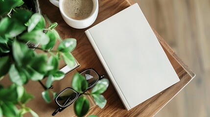 Top down view flat lay with white soft cover book mockup coffee mug glasses and blurred plant in the foreground on a brown wooden table Customizable template with concept of literature : Generative AI