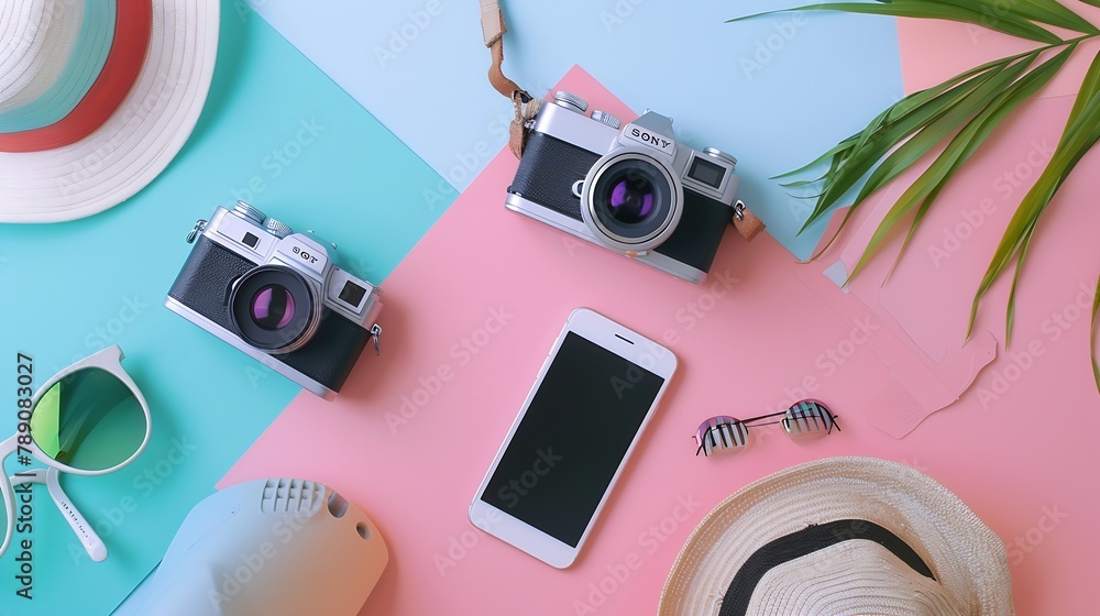 Poster creative flat lay travel concept with camera mobile phone and h : generative ai