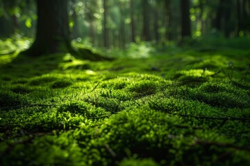 Verdant green moss intricately patterned on a shadowy forest floor providing a lush texture under soft natural light