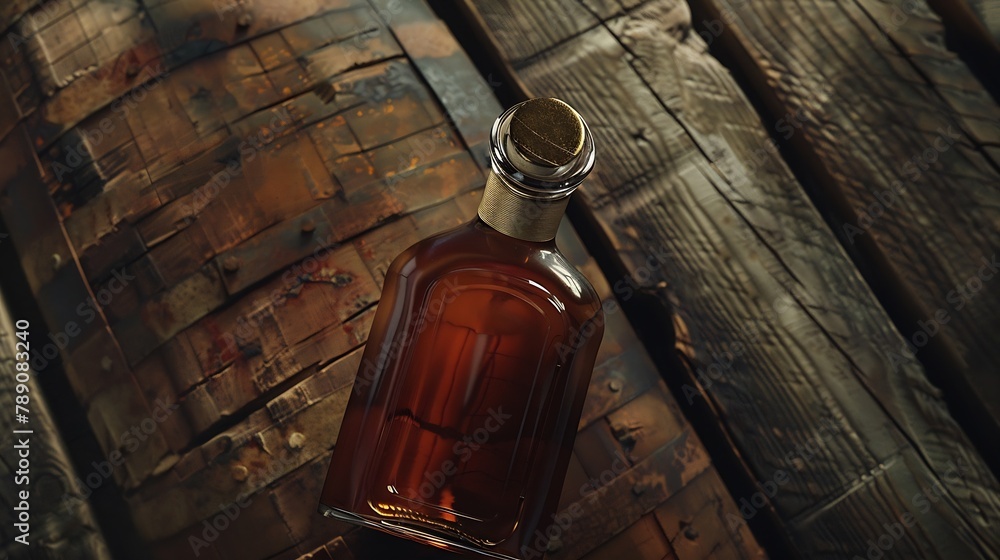Poster bottle with rum cognac or whiskey over old wooden barrel top view flat lay with copy space : generat