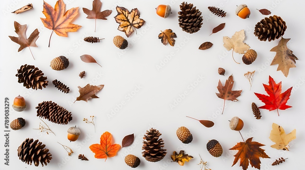 Poster Autumn composition Frame made of autumn leaves acorn pine cones on white background Flat lay top view copy space : Generative AI