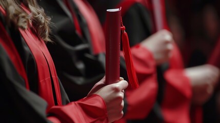 Close up shot of graduates displaying pride while holding diplomas at presentation ceremony