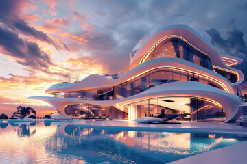 modern large luxury mansion with pool and sunset view. exterior design in a wavy shape with futuristic architecture. panoramic windows and curved shape - obrazy, fototapety, plakaty